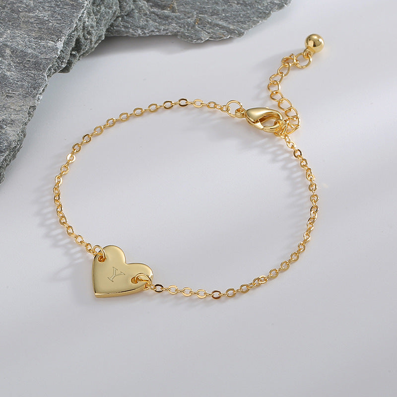 B0182  Korean Version Fashion Simple Heart-shaped Bracelet for Women gold Love Heart26Minimalist Letter Style
