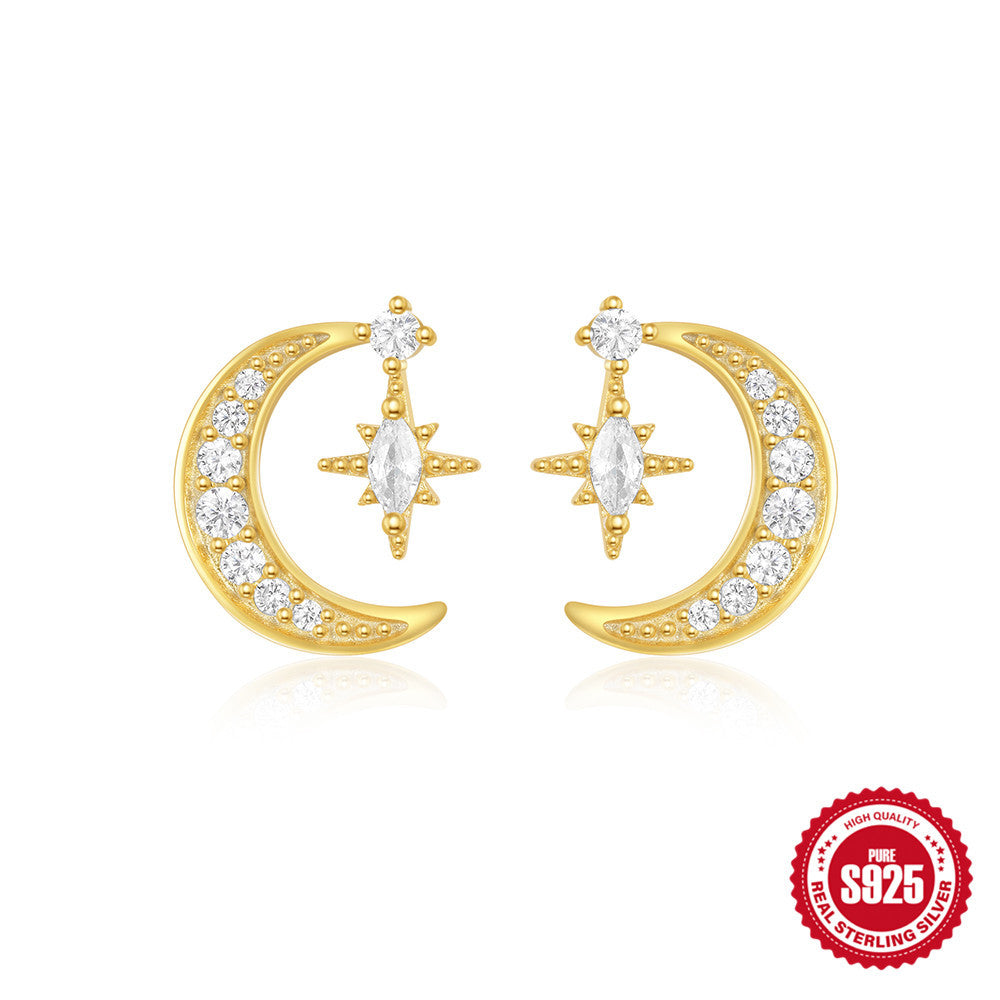 S925Sterling Silver Star Moon Pearl Moonstone Inlaid Diamond Earrings Stud Earrings Hot-Selling Women's Jewelry