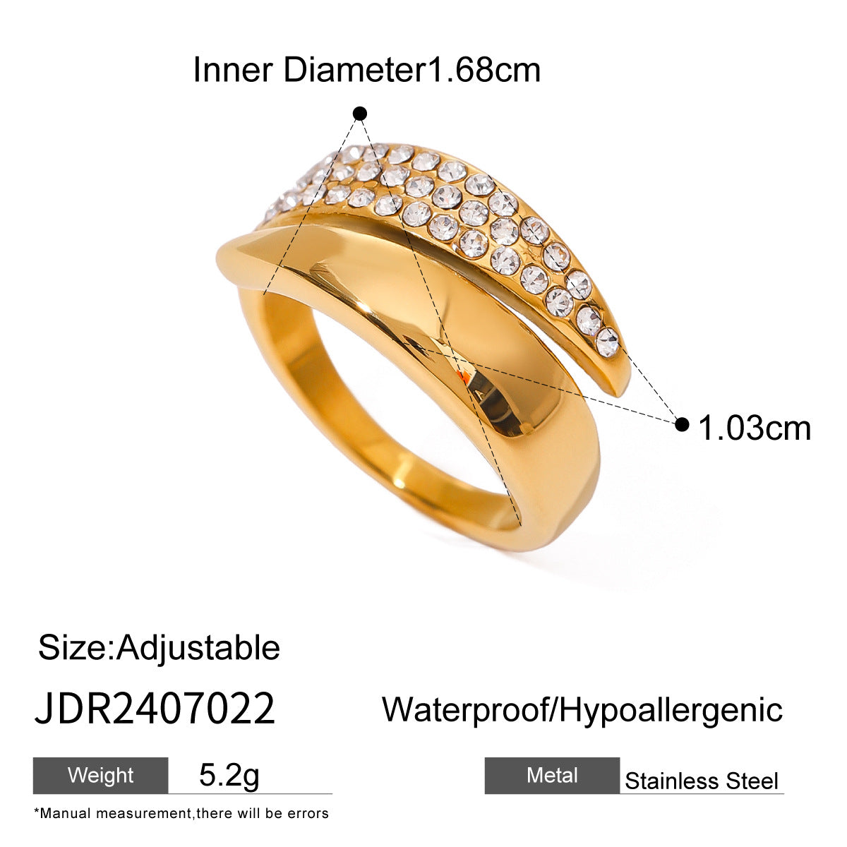 2H 18K Gold Stainless Steel Inlaid Diamond Open Ring rings