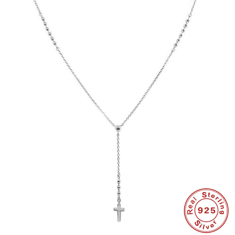S925 Sterling Silver Y Cross Pendant Necklace With Beaded Chain