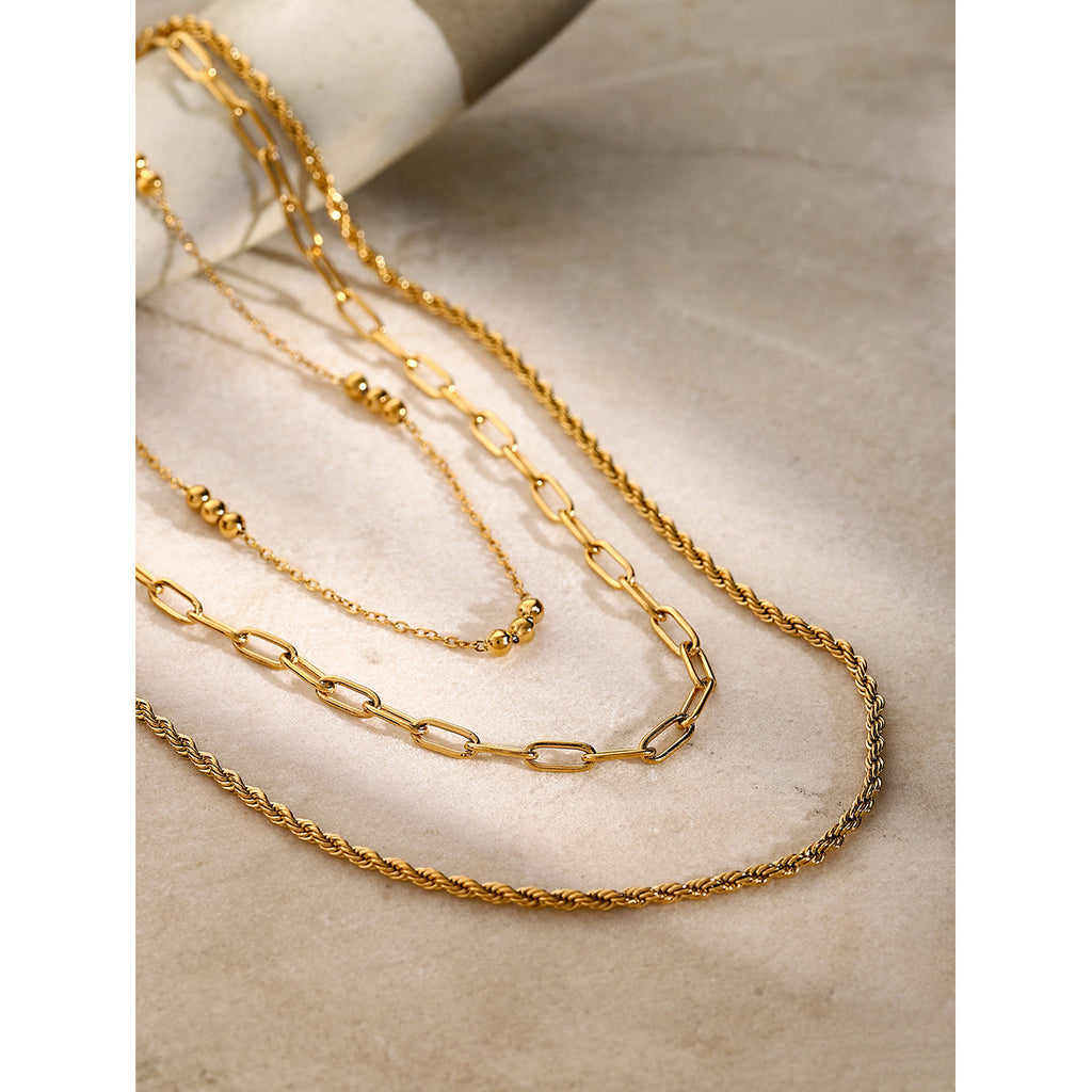 18K Gold Stainless Steel Triple Beaded Loop Chain Braided Chain Three-Layer Necklace Same Style Beach Jewelry