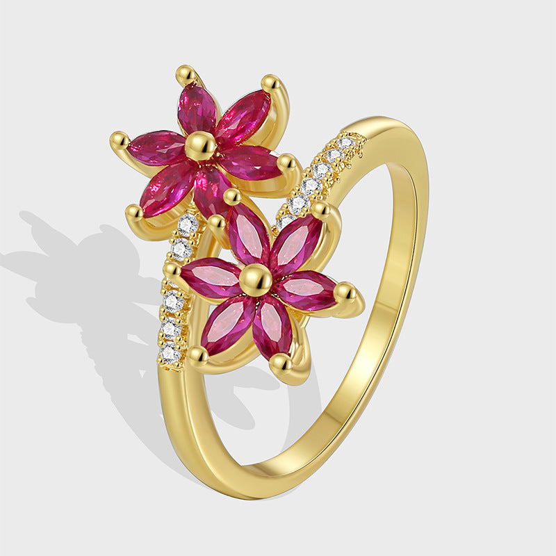 R0499 Korean Creative Versatile Mori Style Small Fragrance Flower Ring for Women Fresh Fashion Zircon Double Flower Ring