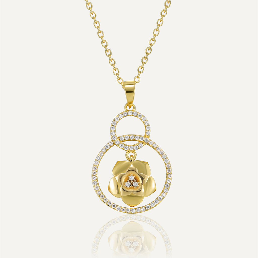 925 Silver Rose Flower Necklace With Zircon Double Ring Pendant