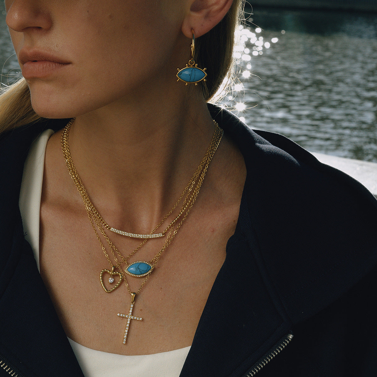 2H 18K Gold Cross Necklace Zircon Collarbone Chain Stainless Steel Jewelry for Women