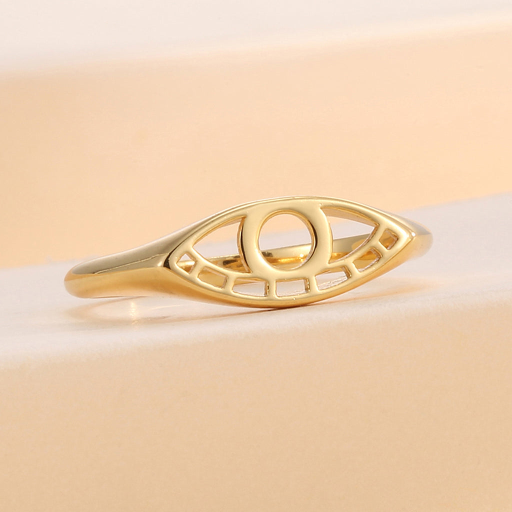 R0496 Design Sense Demon Eye Hollow Ring for Women, Copper Plated with Gold, Minimalist Style