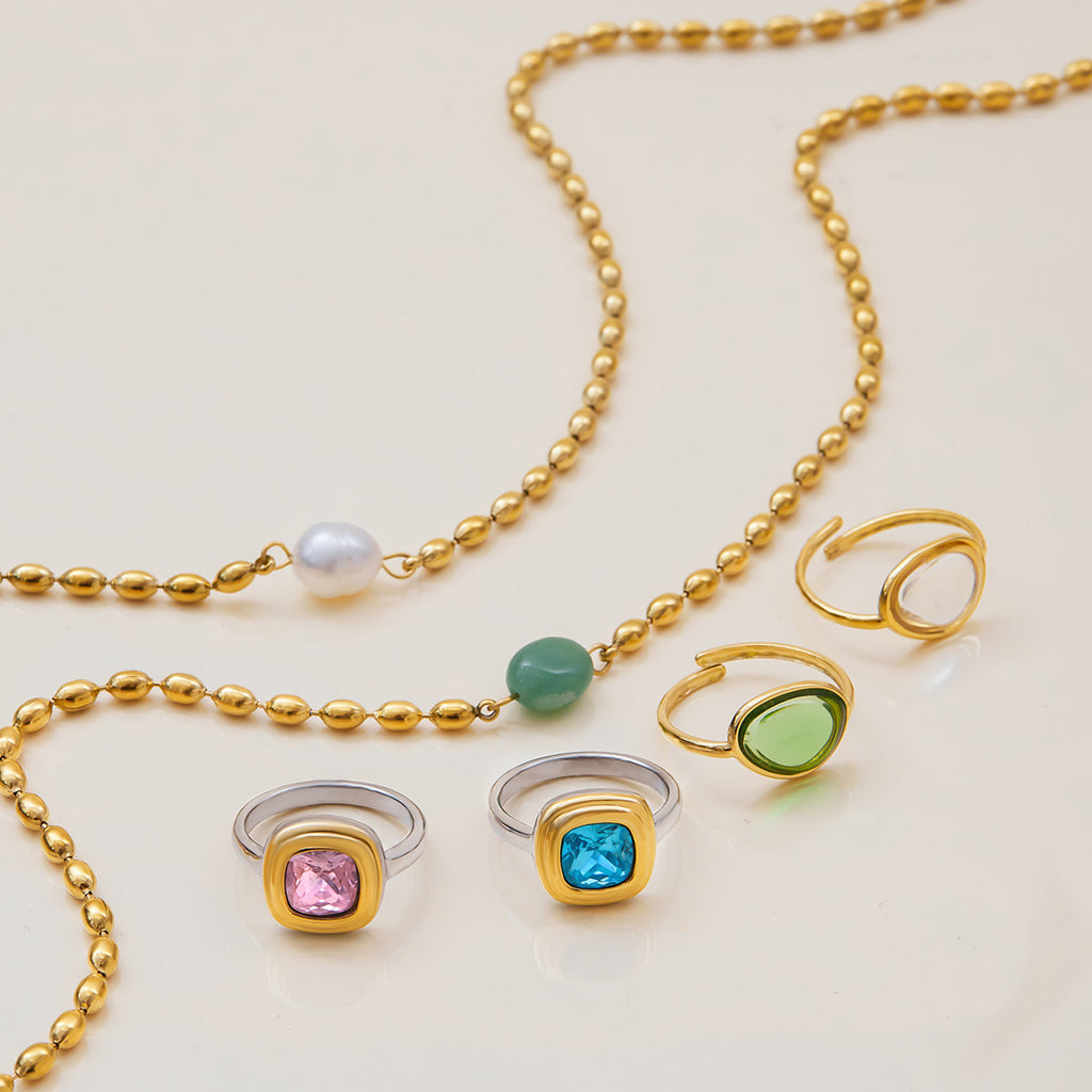 Golden Bean Pearl Necklace Jewelry Stainless Steel Natural Stone Ring