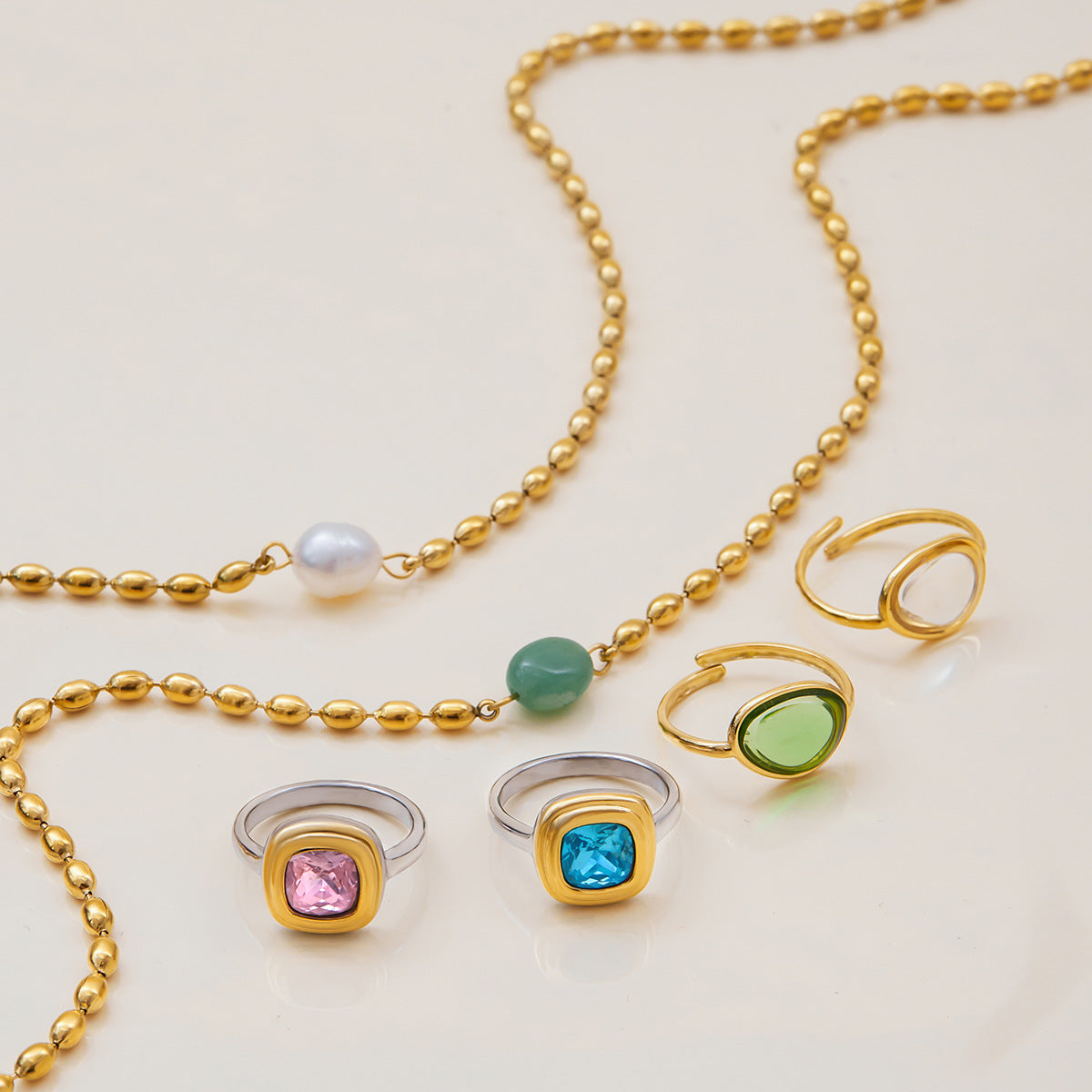 Golden Bean Pearl Necklace Jewelry Stainless Steel Natural Stone Ring