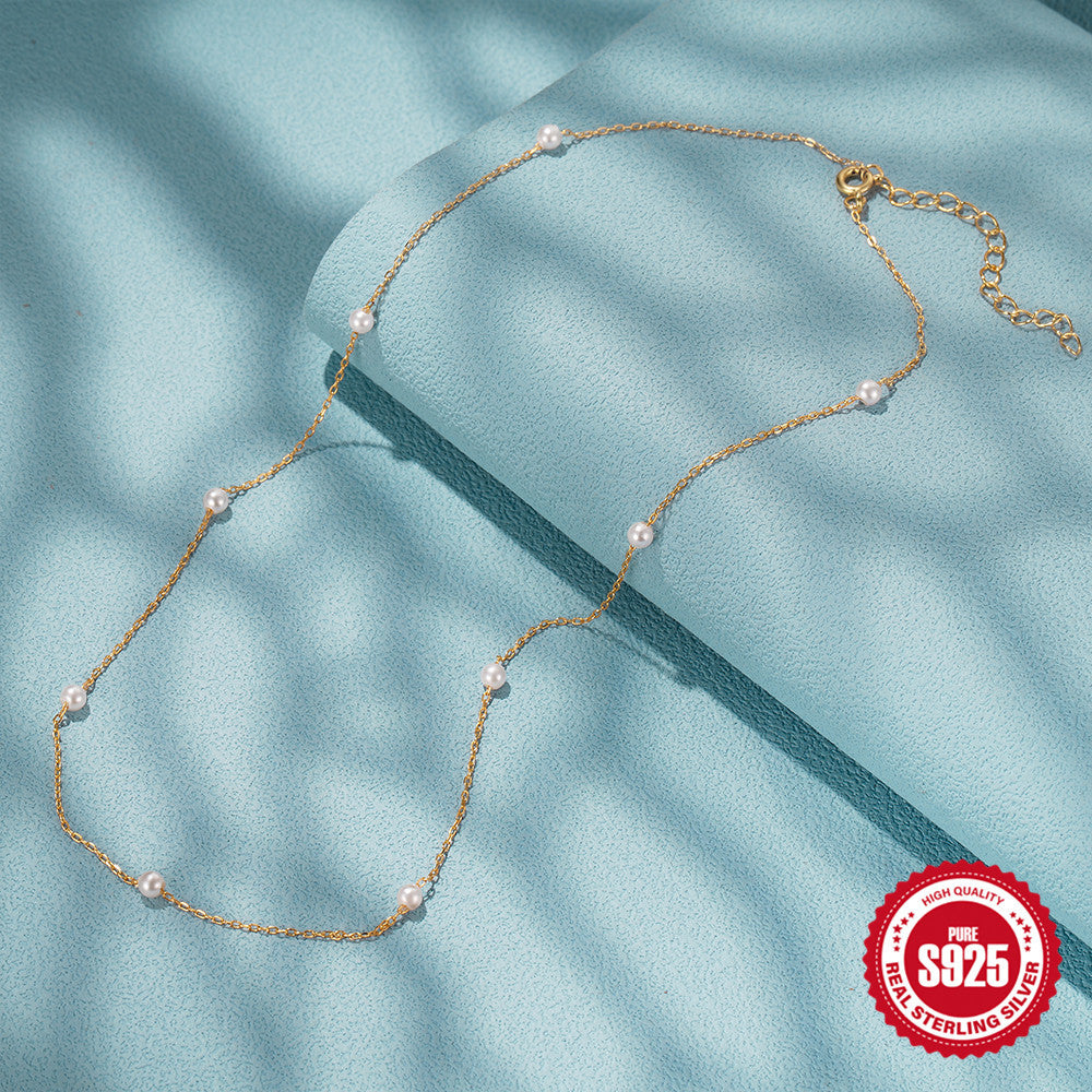 S925 Sterling Silver Pearl Layered Collarbone Necklace Korean Style