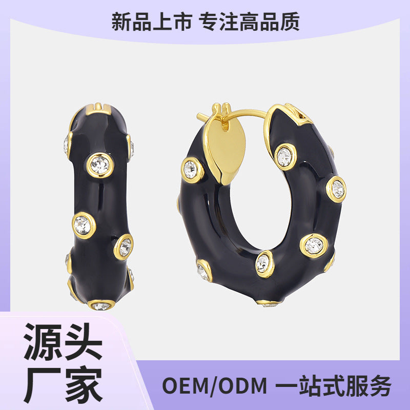 E0626 Fashionable Simple Personality Design Earrings for Women Black Resin Inlaid with Zircon Versatile Hoop Earrings