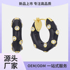 E0626 Fashionable Simple Personality Design Earrings for Women Black Resin Inlaid with Zircon Versatile Hoop Earrings