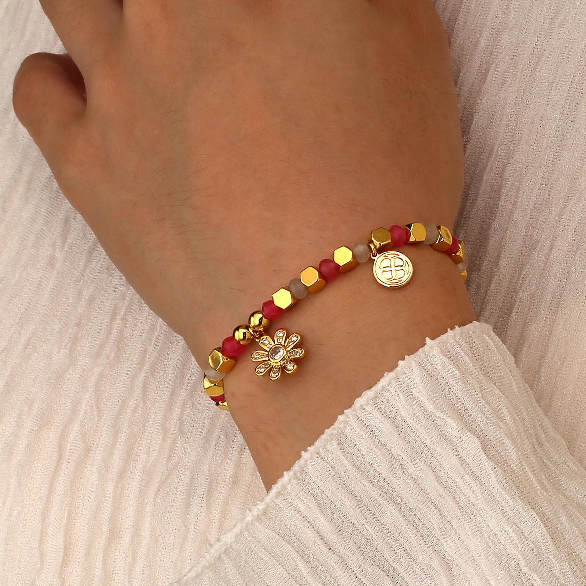 B0284 Vintage Bohemian Daisy Zircon Beaded Chalcedony Fashion Bracelet