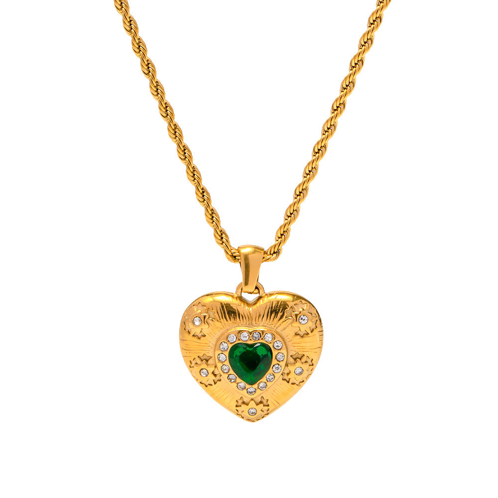 Jewelry18k Gold Stainless Steel Zircon Necklace Vintage Heart Pendant Non-Fading Jewelry for Women