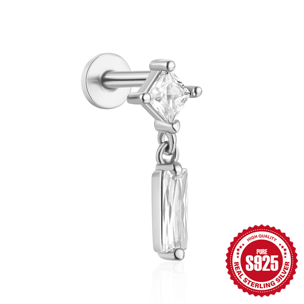 S925Sterling Silver Flat Threaded Piercing Chain Earrings Hot Sale Fashion Inlaid Diamond Opal Ear Bone Stud Earrings for Women