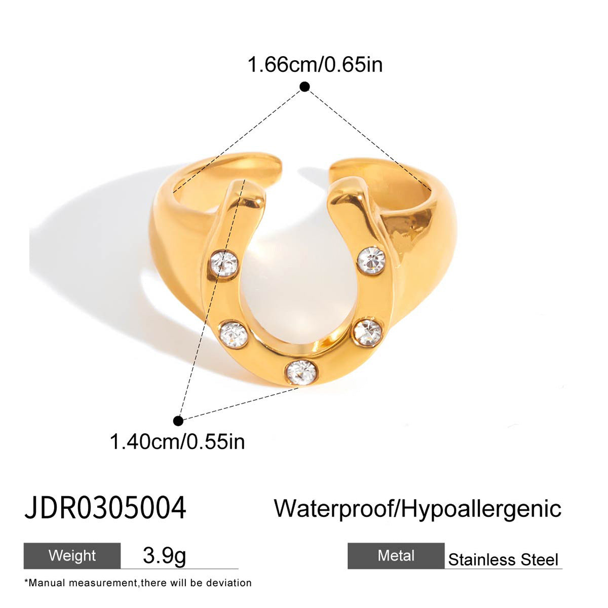 2H18K Gold and White Diamond Horseshoe-shaped Open Ring Non-fading Stainless Steel Jewelry ring