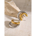 18K Gold Stainless Steel/Color Block Top and Bottom C Unique Design Sense of Shape Matching Earrings Left and Right Side Ear Accessories