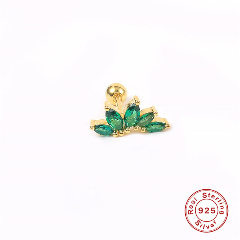 S925Sterling Silver Colorful Diamond Crown Flower Piercing Threaded Ear Bone Stud Mini Inlaid Diamond Ear Cartilage Stud Earrings for Women