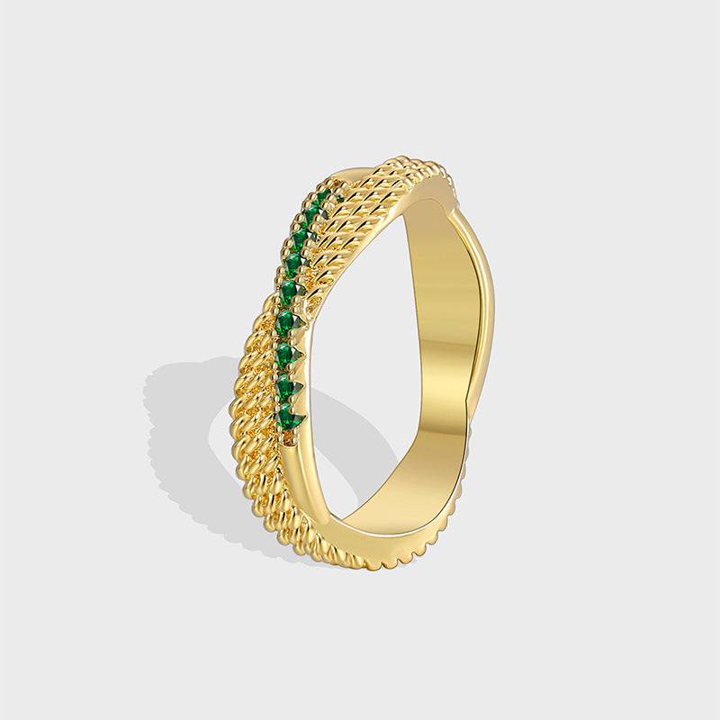 R0429 Design Sense Green Zircon Irregular Shape Ring for Women Brass Gold-Plated Ring