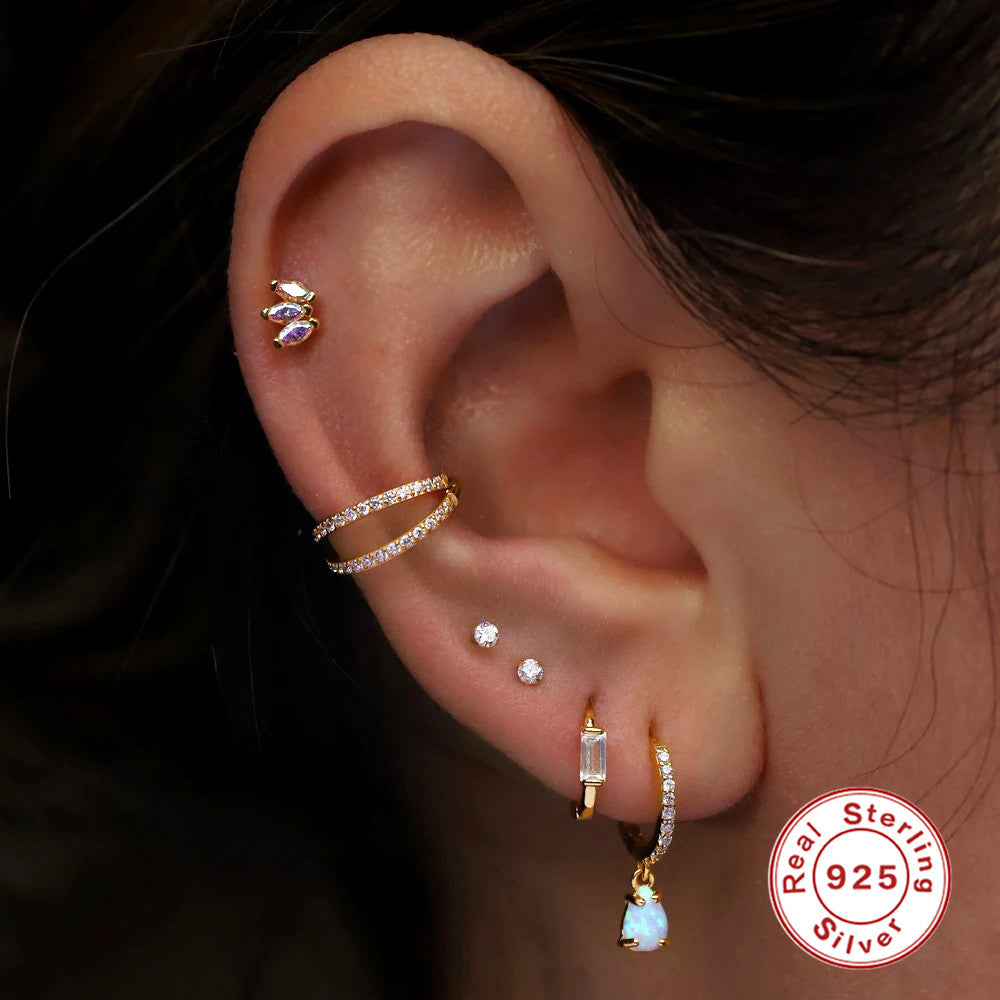 S925Sterling Silver Double Layer Diamond-Studded Cartilage Piercing Ear Bone Stud Nose Stud Minimalist Smooth Nose Ring Trendy Ear Cartilage