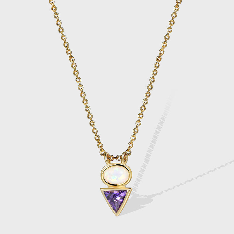 N0175 Iridescent Opal Triangle Purple Zircon Pendant for Women Simple Style Opal Collarbone Chain