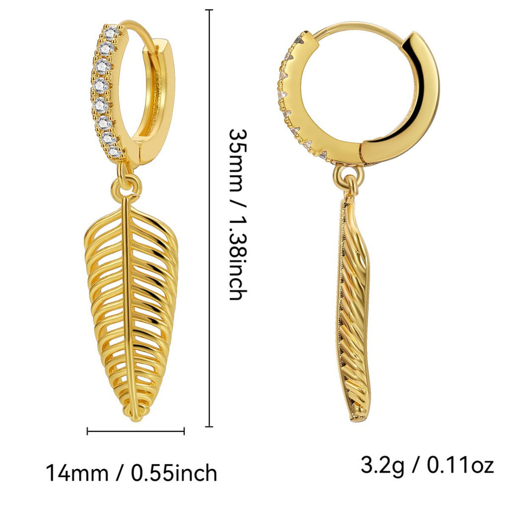 E0661 Creative Minimalist Cool Style Earrings for Women Copper Gold Plated Micro Inlaid White Zircon Geometric Feather Drop Earrings