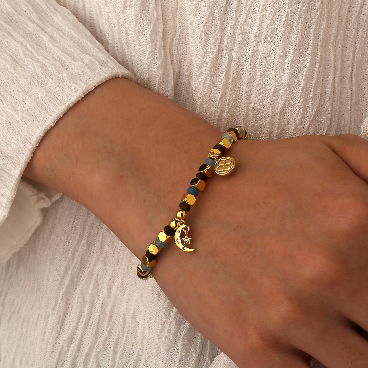 B0276 Vintage Star and Moon Inlaid Zircon Beaded Chalcedony Tiger Eye Stone Bracelet Trendy