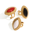 Stainless Steel18K Gold and Black Agate Open Ring Heavy Craft Retro Export Jewelry for Women