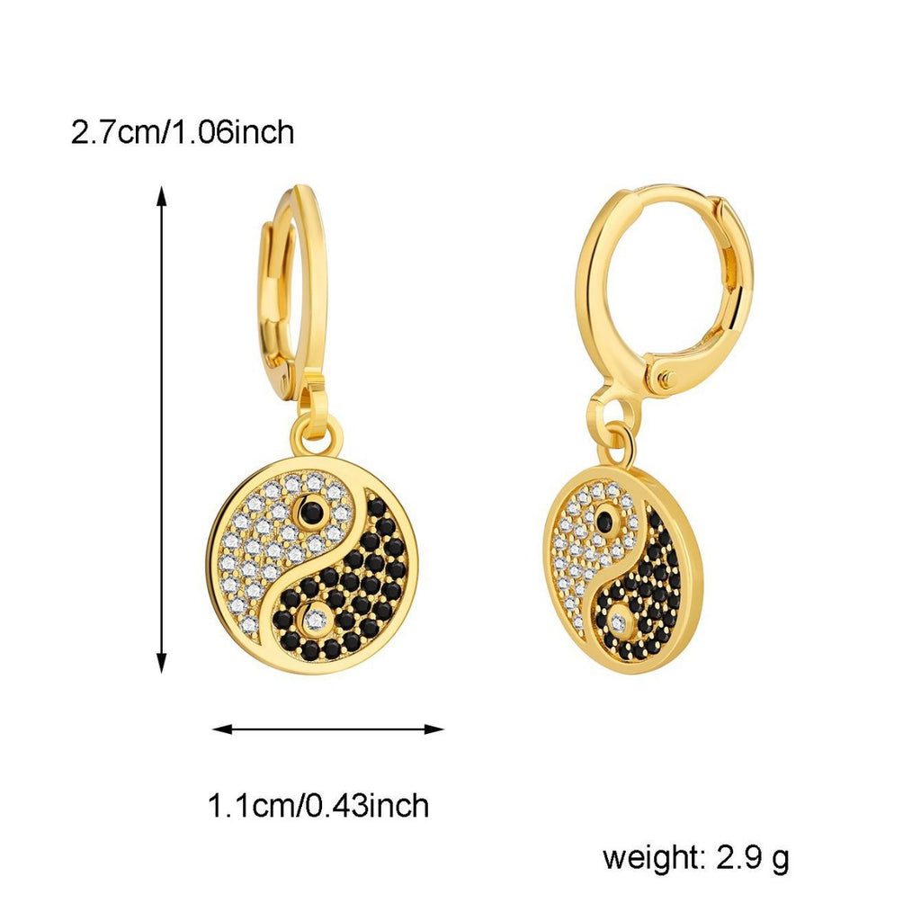 E0528 Chinese Creative Tai Chi National Trend Earrings for Women Retro Inlaid Black and White Zircon Eight Diagrams Earrings