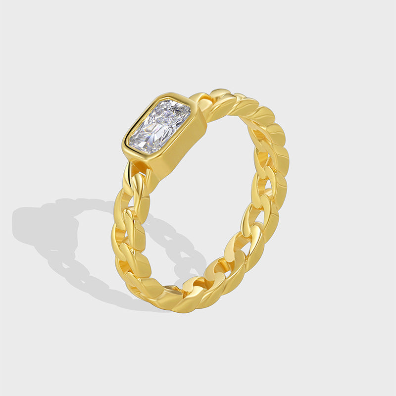 R0585 Trendy Cool Hip-Hop Chain Ring for Women Vintage Square Zircon Inlaid Ring