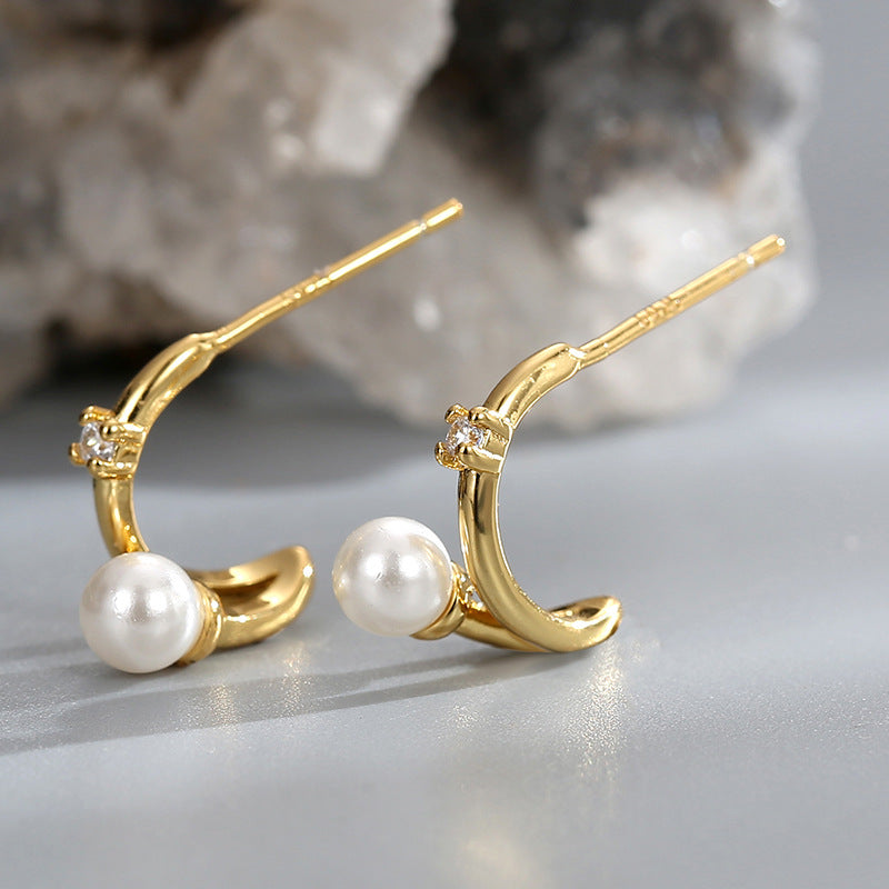 E0463 Minimalist Design Style Earrings for Women Fashion Retro Curved Shell Pearl Zircon Earrings