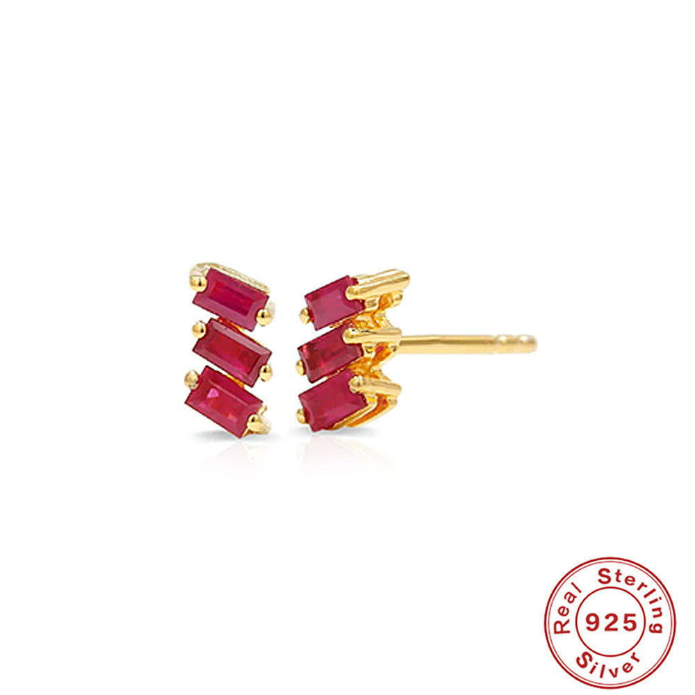 S925Sterling Silver Inlaid Three Asymmetric Rectangular Zircon Stud Earrings Vintage Diamond-Encrusted Ear Jewelry