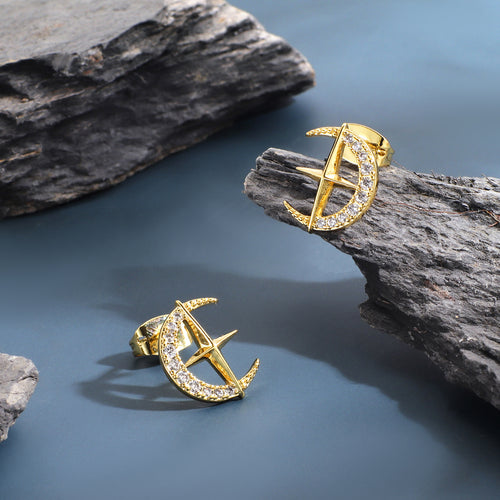 18K Gold-Plated Brass Star Moon CZ Stud Earrings in a gold-tone brass finish