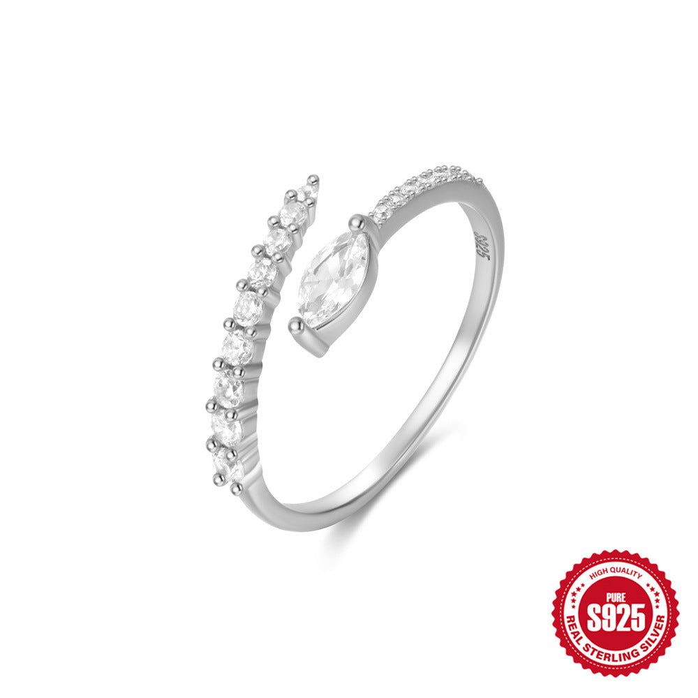S925Sterling Silver Curved Petal Single Row Diamond Luxury Stacked Open Ring Hot Selling Index Finger Ring