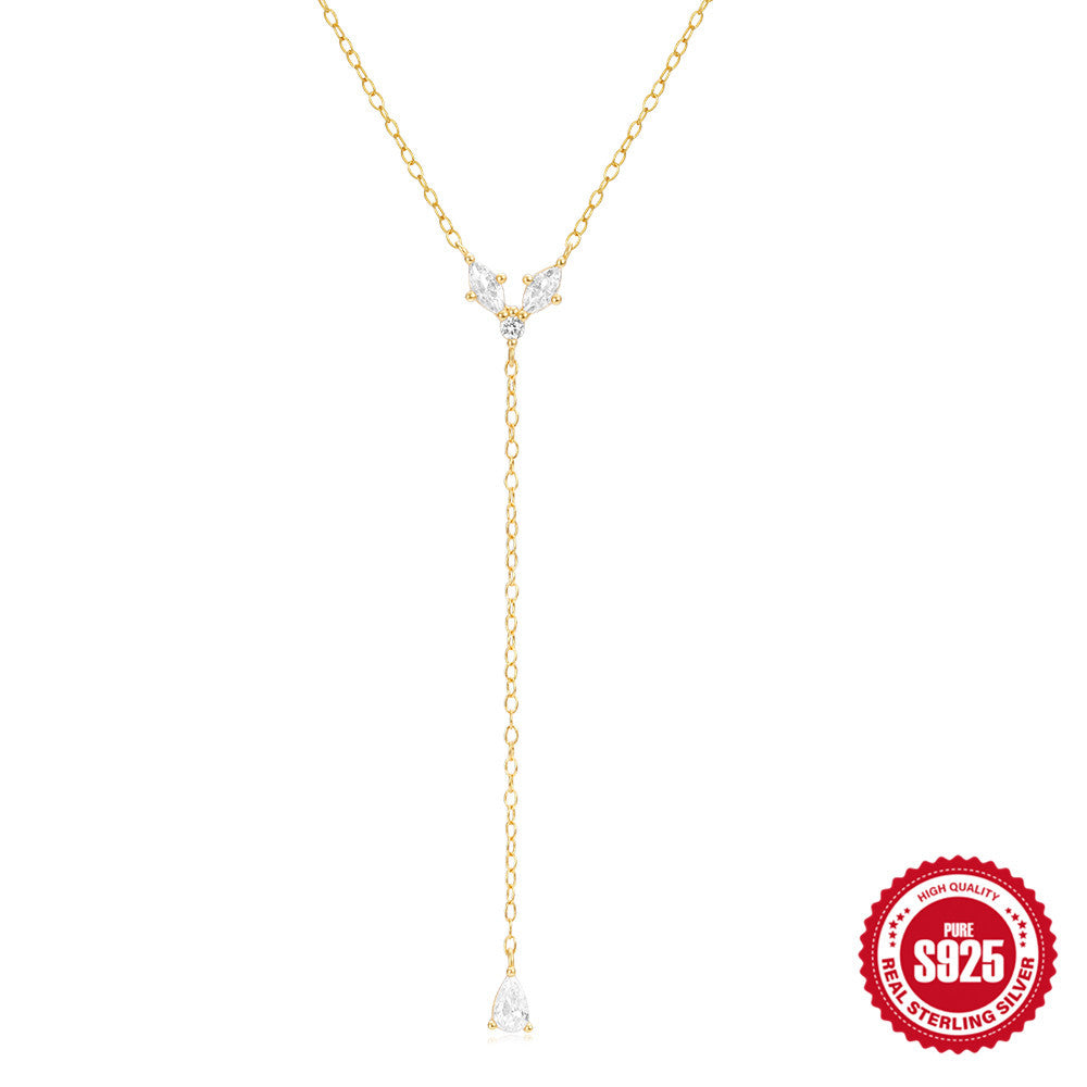 S925 Sterling Silver Diamond Geometric Y Water Drop Necklace