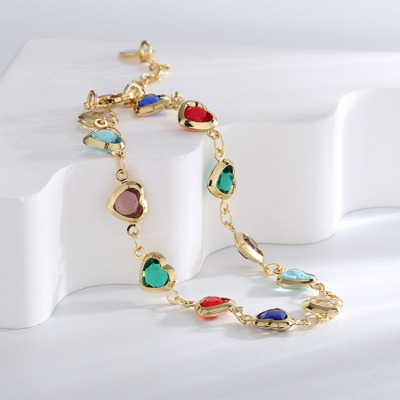 B0160 Elegant Fashion Multi-color Heart-shaped Zircon Bracelet for Women Creative Heart-shaped Jewelry