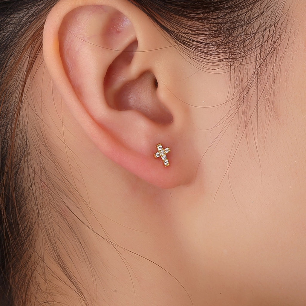 SE0217 925Silver Zircon Cross Design Stud Earrings Personality Ear Jewelry