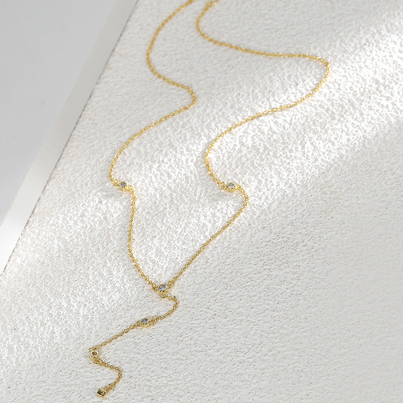 N0165 Minimalist Long Collarbone Chain Necklace French Romantic Zircon Inlaid Pendant