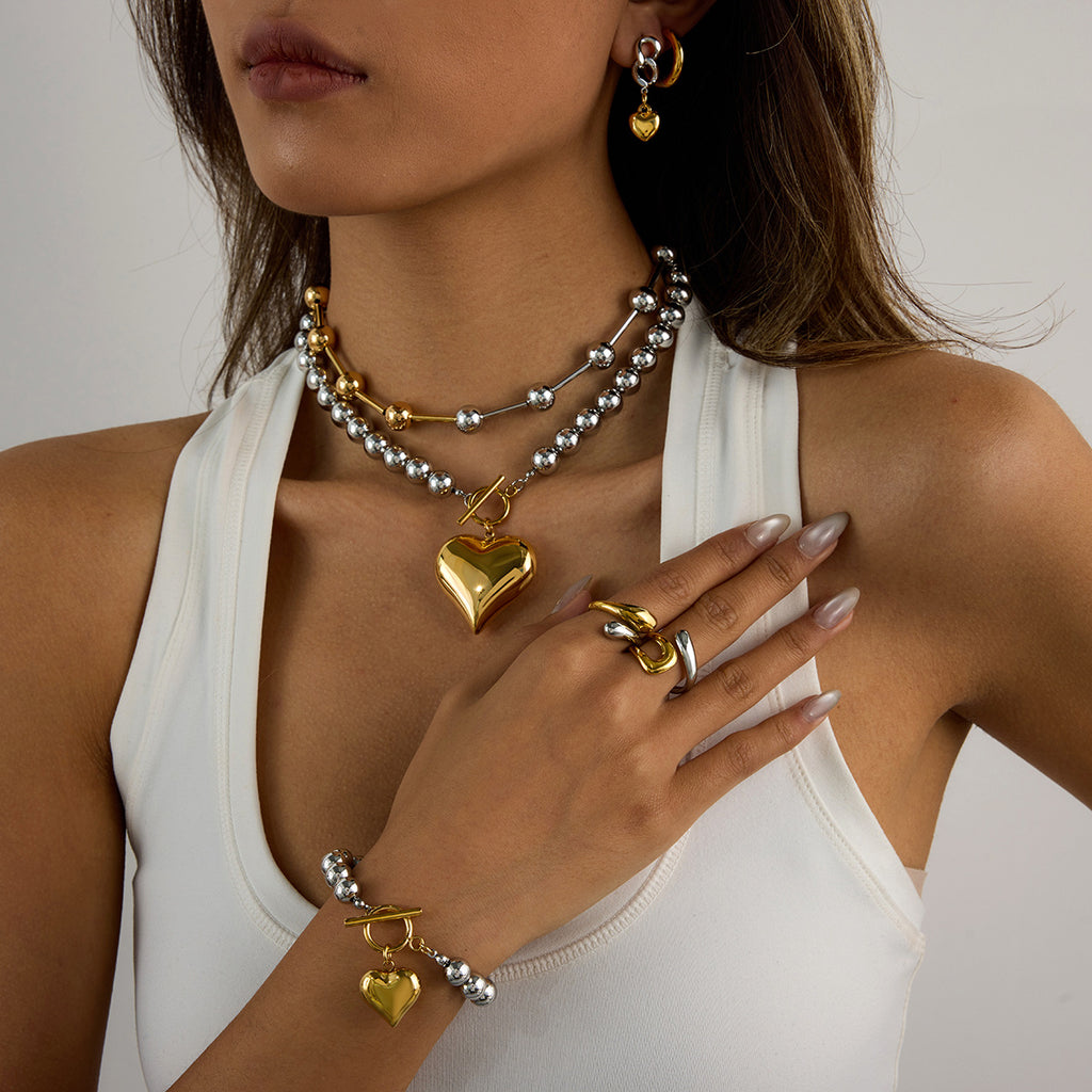 Color Matching Jewelry Stainless Steel Love Heart Necklace Ring Non-Fading Earrings