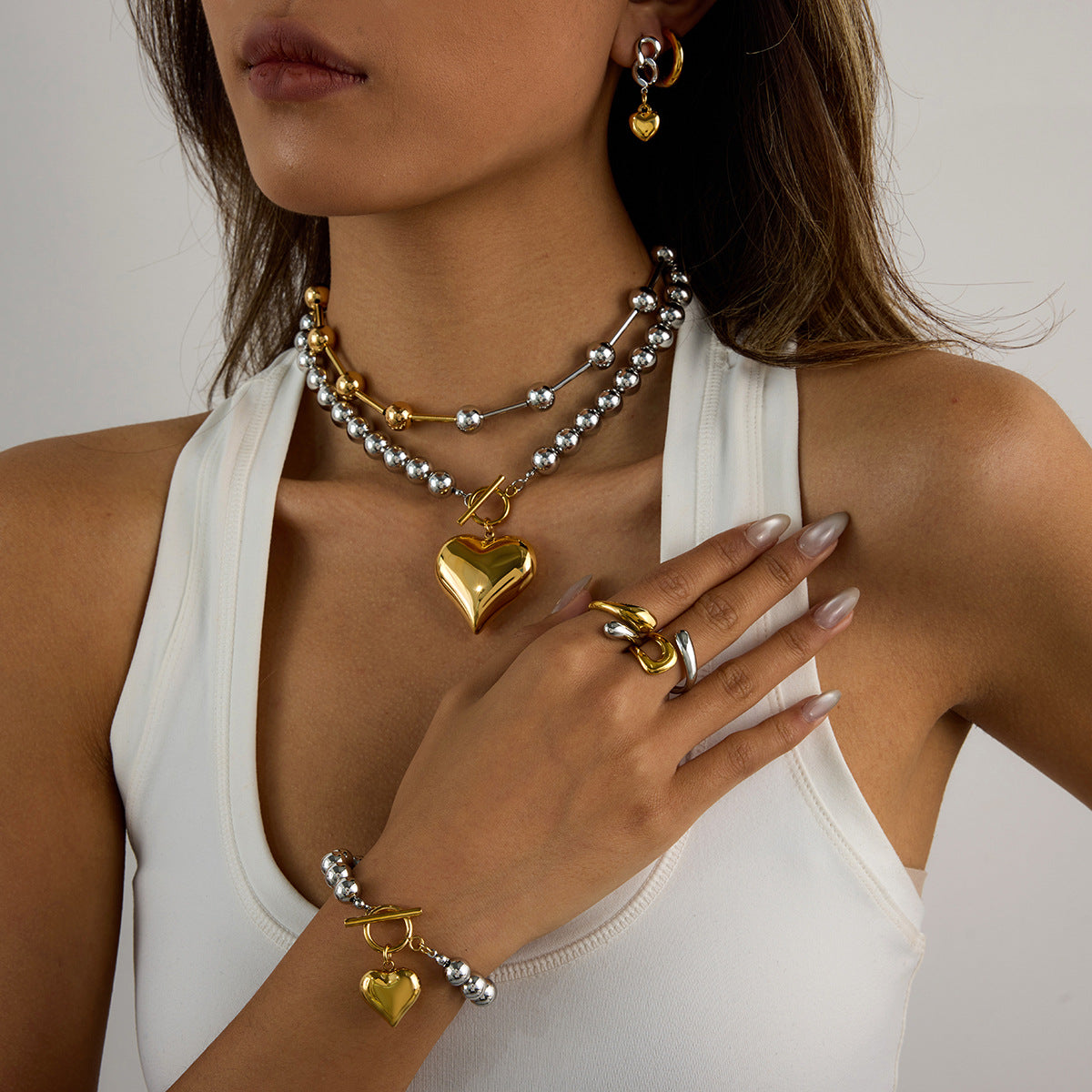 Color Matching Jewelry Stainless Steel Love Heart Necklace Ring Non-Fading Earrings