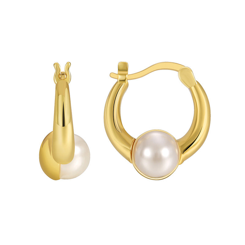 E0437 Fashionable Elegant Small Pearl Earrings for Women Brass Gold-Plated Simple Hoop Earrings