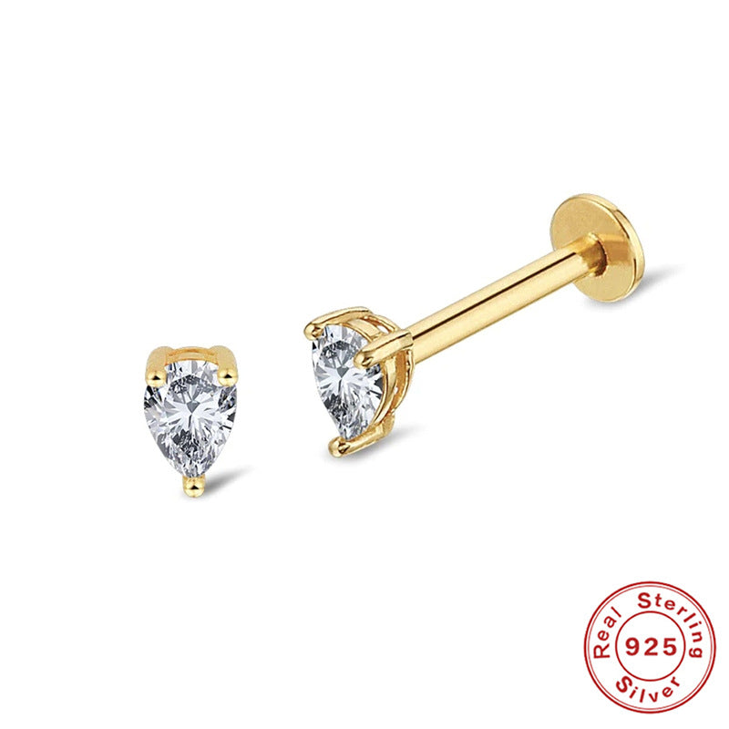 S925Sterling Silver Diamond-Studded Body Piercing Flat Head Threaded Ear Bone Stud Korean Style Geometric Minimalist Earrings for Women