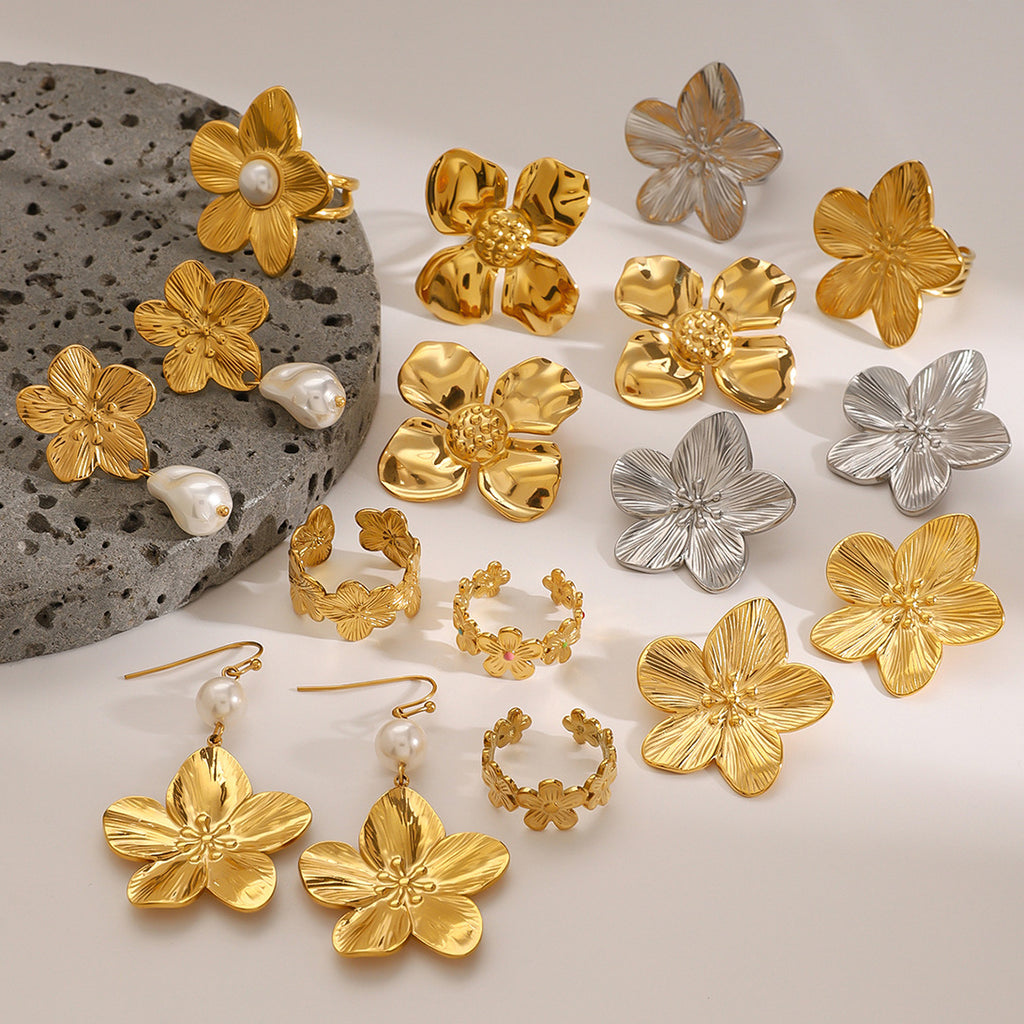 Stainless Steel Pearl Earrings Flower Studs Open Ring Jewelry
