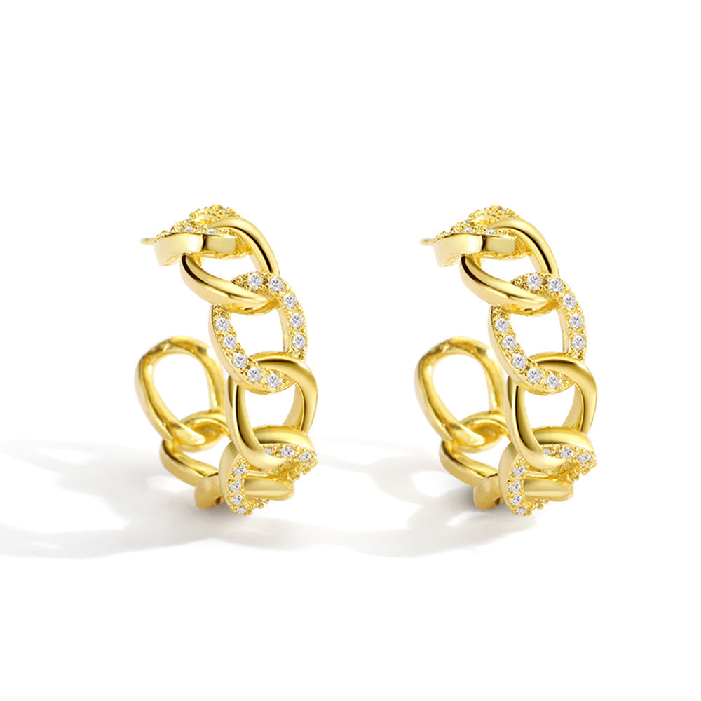 E0097 Exaggerated Hip-Hop Style Hollow Zirconia Stud Earrings for Women with Gold-Plated Chain
