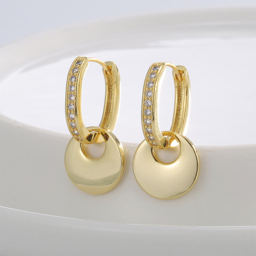 E0660 Retro Design Geometric Round Disc Earrings for Women Gold-Plated Zirconia Earrings