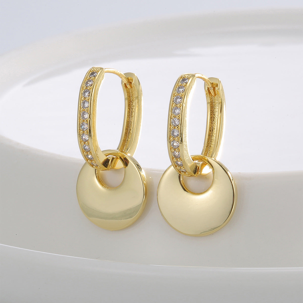 E0660 Retro Design Geometric Round Disc Earrings for Women Gold-Plated Zirconia Earrings