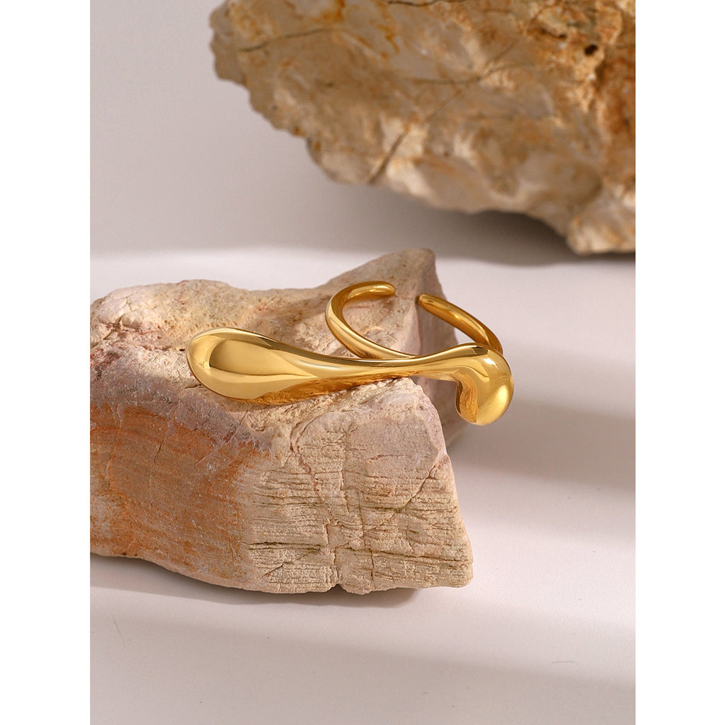 2H 18K Gold Stainless Steel Ring for Women Simple Fashion Unique Water Drop Irregular Curve Open Ring