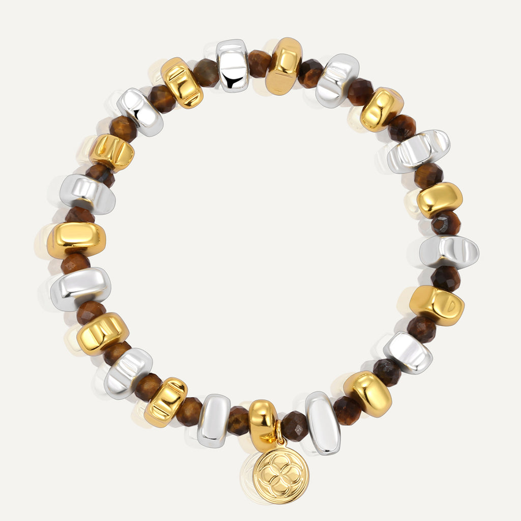 Two Tone Gold And Silver Bead Tiger Eye Stone Bracelet