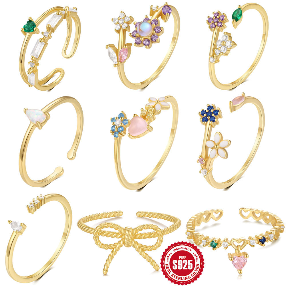 S925Sterling Silver Heart Flower Inlaid Diamond Open Ring Korean Style Opal Index Finger Ring