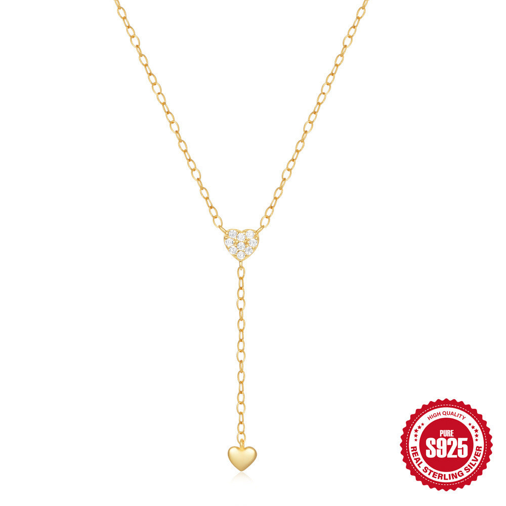 Sterling Silver Tassel Y Clavicle Necklace With Double Heart Diamonds