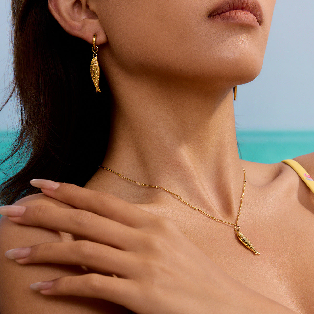 Simple Stainless Steel Necklace 18K Golden Beach Ocean Pendant Non-Fading Jewelry