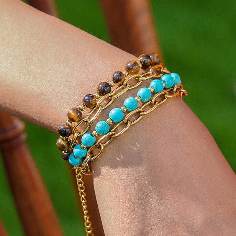 2H Stainless Steel Blue Turquoise Tiger Eye Stone Bracelet Stackable Non-Fading